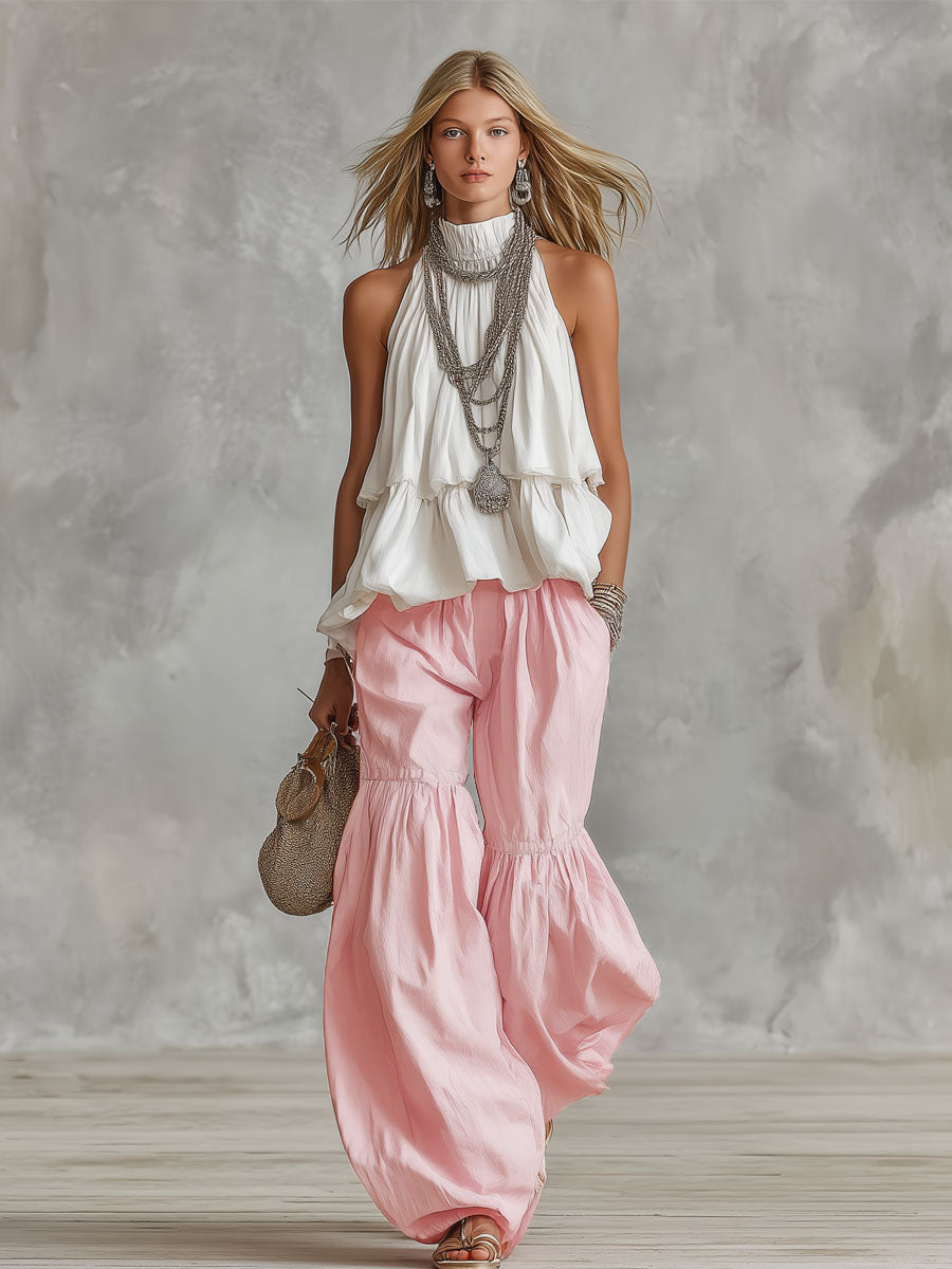 Cotton Turtleneck Sleeveless Top And Pants Set